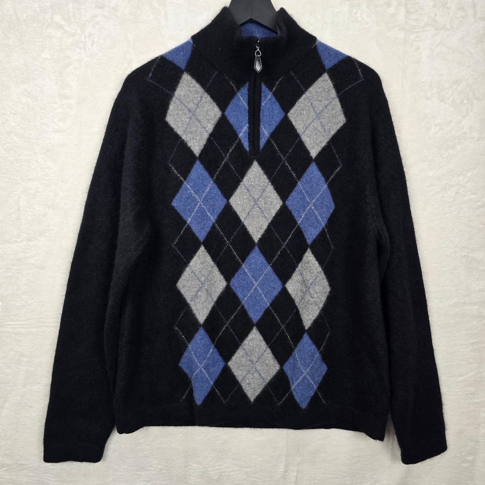 Paolo‎ Mondo Mens 100% Cashmere Argyle Quarter Zip Sweater Black Blue Large L
